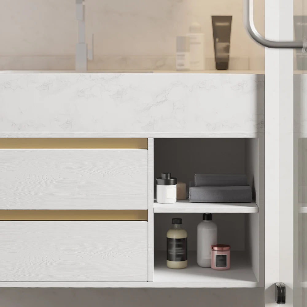 1000mm Floating Bathroom Vanity Set with Ceramic Basin 2 Drawers & Open Shelves in White -