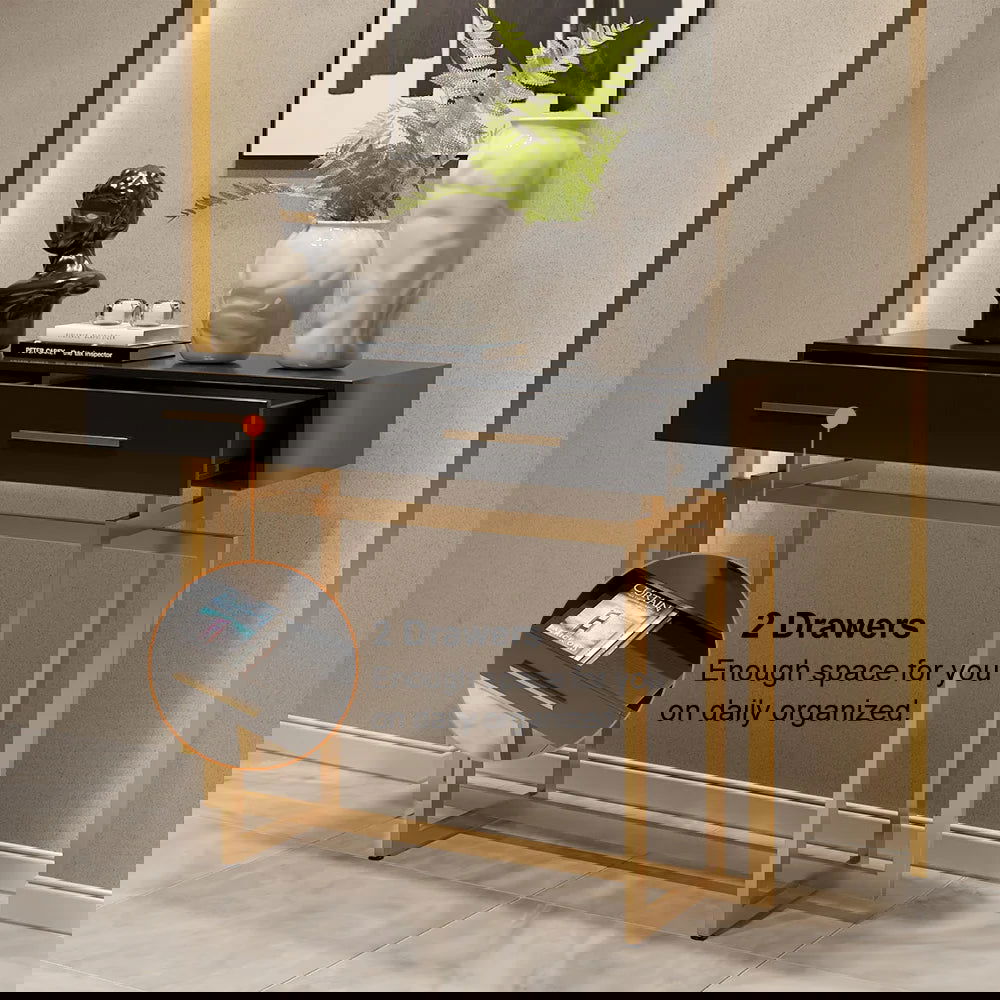 1000mm Modern Narrow Black Console Table with Storage Drawers and Metal Legs in Gold -