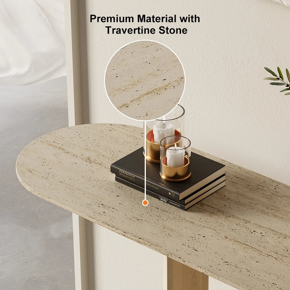 1000mm Oval Travertine Stone Console Table Modern Entryway Table with Abstract Base -