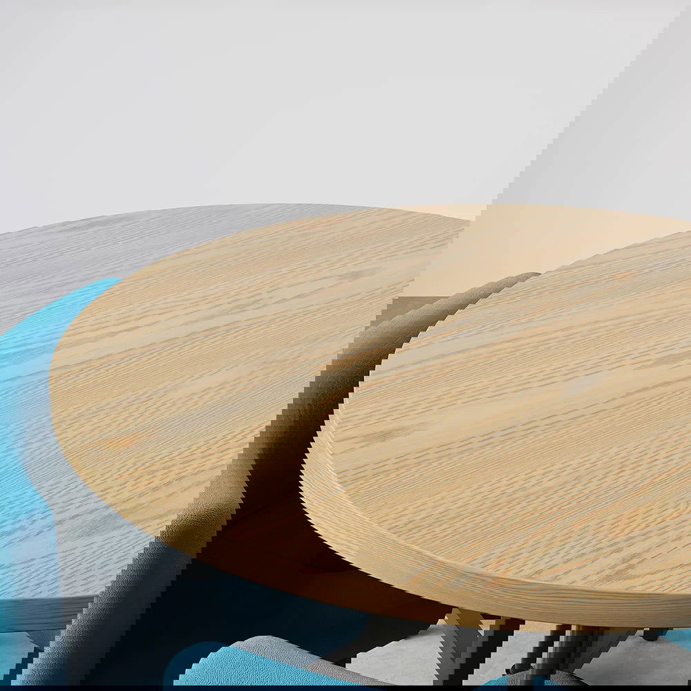 1000mm Round Wooden 4 Person Dining Table with Blue Upholstered Chairs Set for Nook Balc -