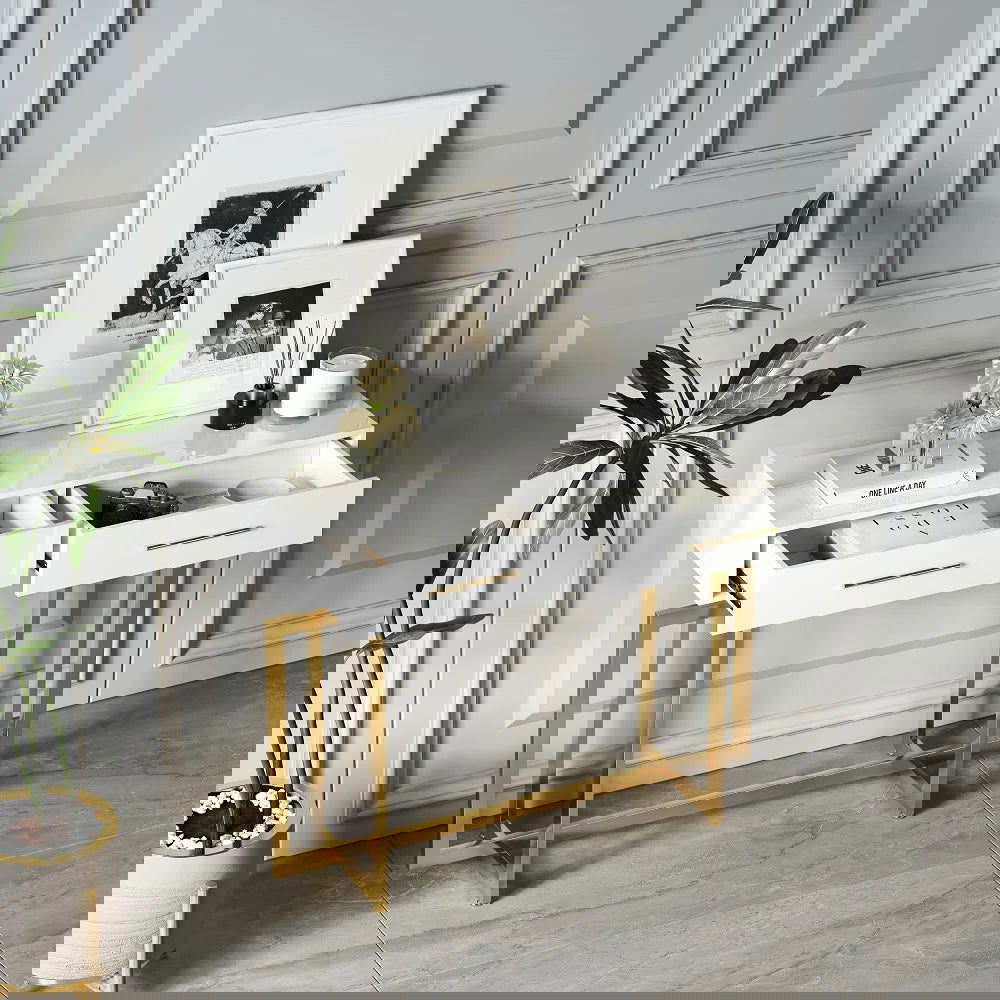 1200mm Narrow Console Table with Storage Drawers White Entryway Table with Metal Legs -