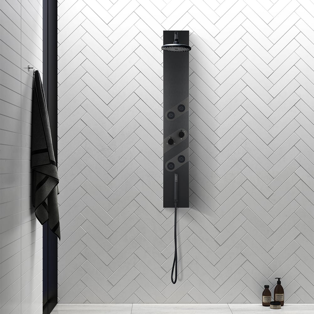 140mm Black Rainfall Shower Panel with Handheld Shower Adjustable Showerhead & Body Jets -