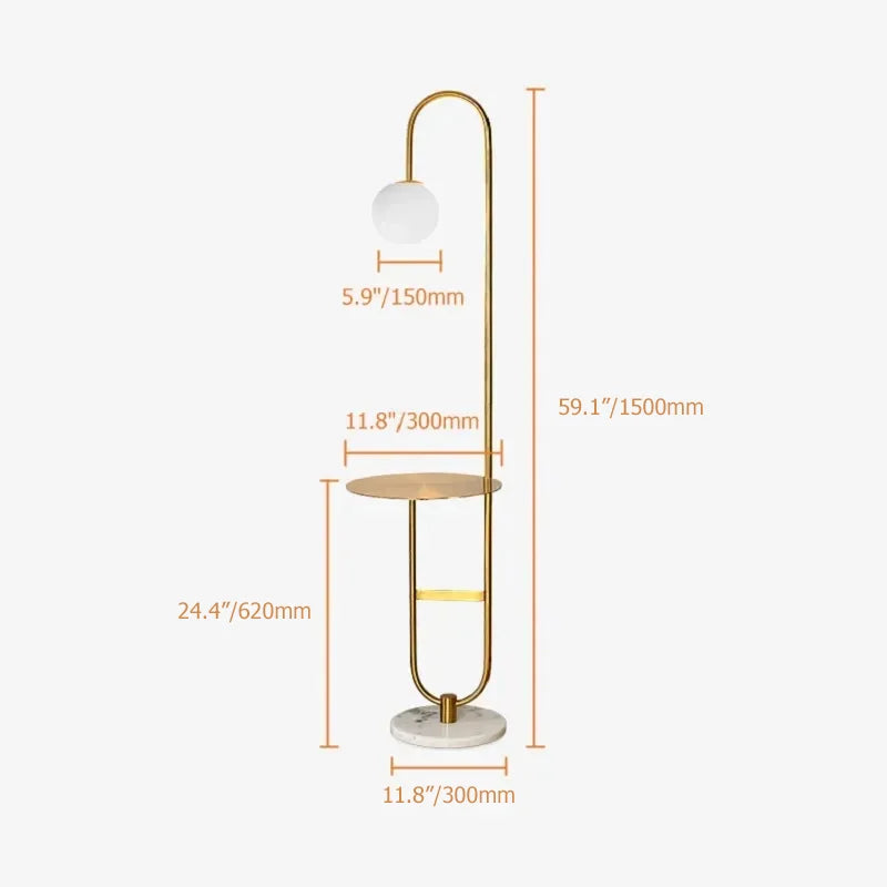 1500mm Modern Arc Floor Lamp with Shelf in Gold with Glass Shade & Marble Base -