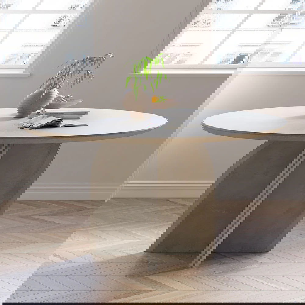 1500mm Modern Round Dining Table for 8 Grey Solid Wood Tabletop Pedestal Base - Homary