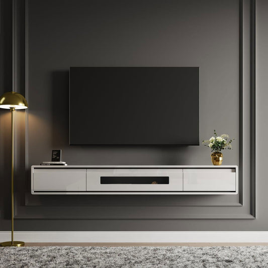 1500mm White Smooth TV Stand Postmodern Minimalist Floating Media Console with Storage - Approved By Design