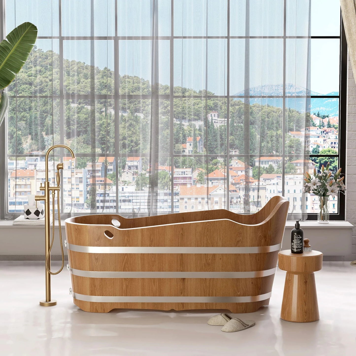 1510mm Japanese Oak Wood Soaking Bath Freestanding Modern Natural Bathtub - Approved By Design