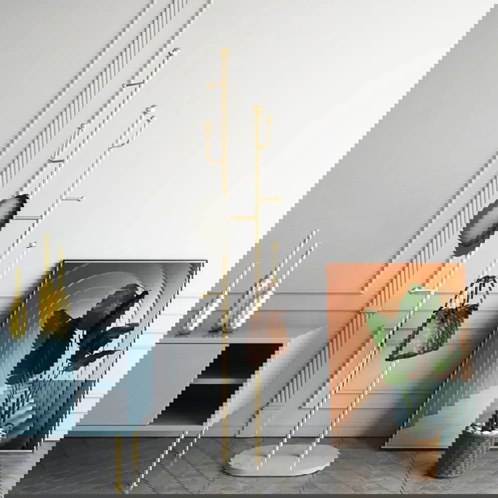 1700mm Gold Standing Coat Stand with 7 Hooks Faux Marble Base Hallway Clothing Stand - Homary