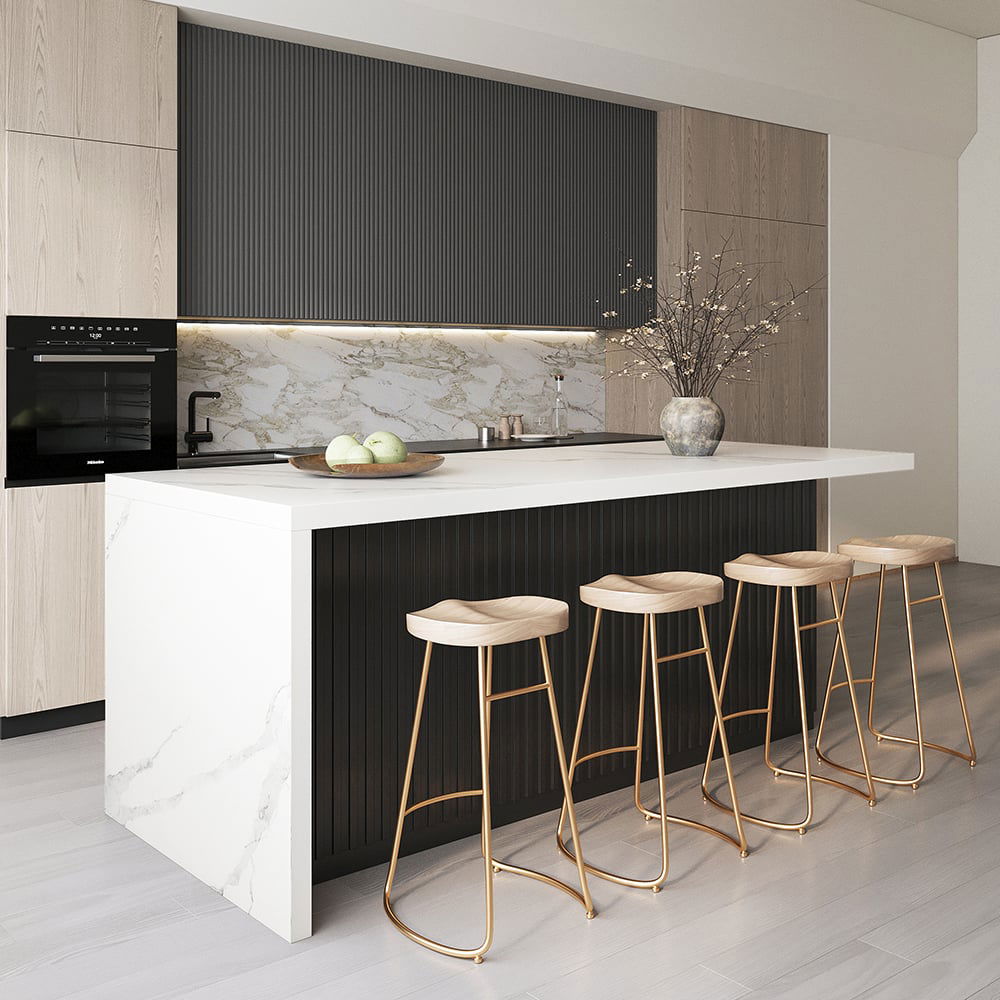 1830mm Large White & Black Kitchen Island with Storage Cabinet Marble Veneered Top - Homary
