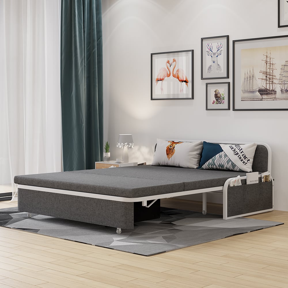 1830mm Modern Deep Grey Cotton Linen Upholstered Convertible Sofa Bed ...