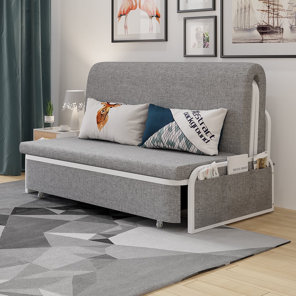 1830mm Modern Light Grey Cotton Linen Upholstered Convertible Sofa Bed with Storage -