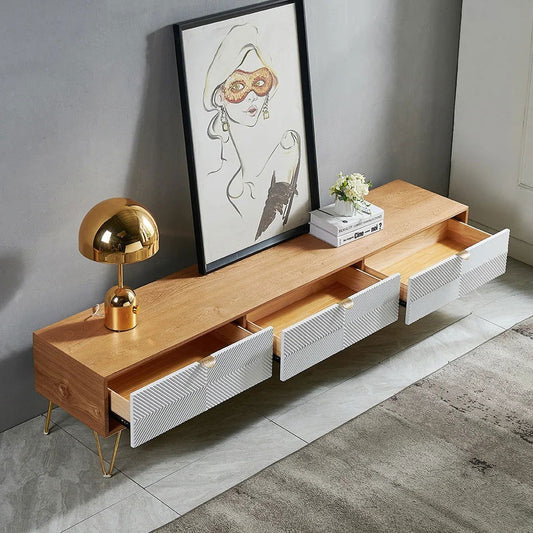 2000mm Modern Nordic Wood TV Stand Fluted White & Gold with 3 Drawers for 2519mm TV - Homary