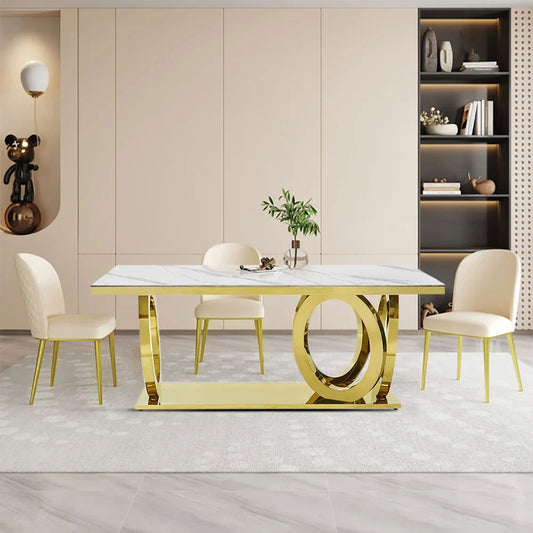 2000mm Modern Rectangle White Dining Table Sintered Stone Stainless Steel Base in Gold - Homary