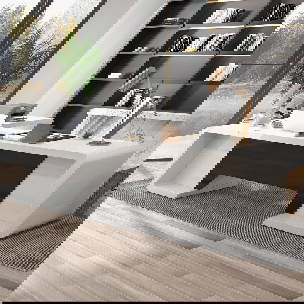 2200mm L-Shaped Modern Executive Desk of Right Hand with Drawers in White & Black -