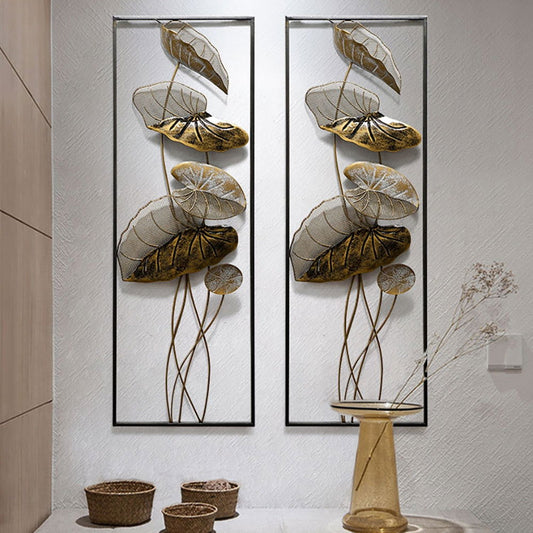 35.8" 2 Pieces Metal Lotus Leaves Wall Decor Set for Living Room with Black Frame -