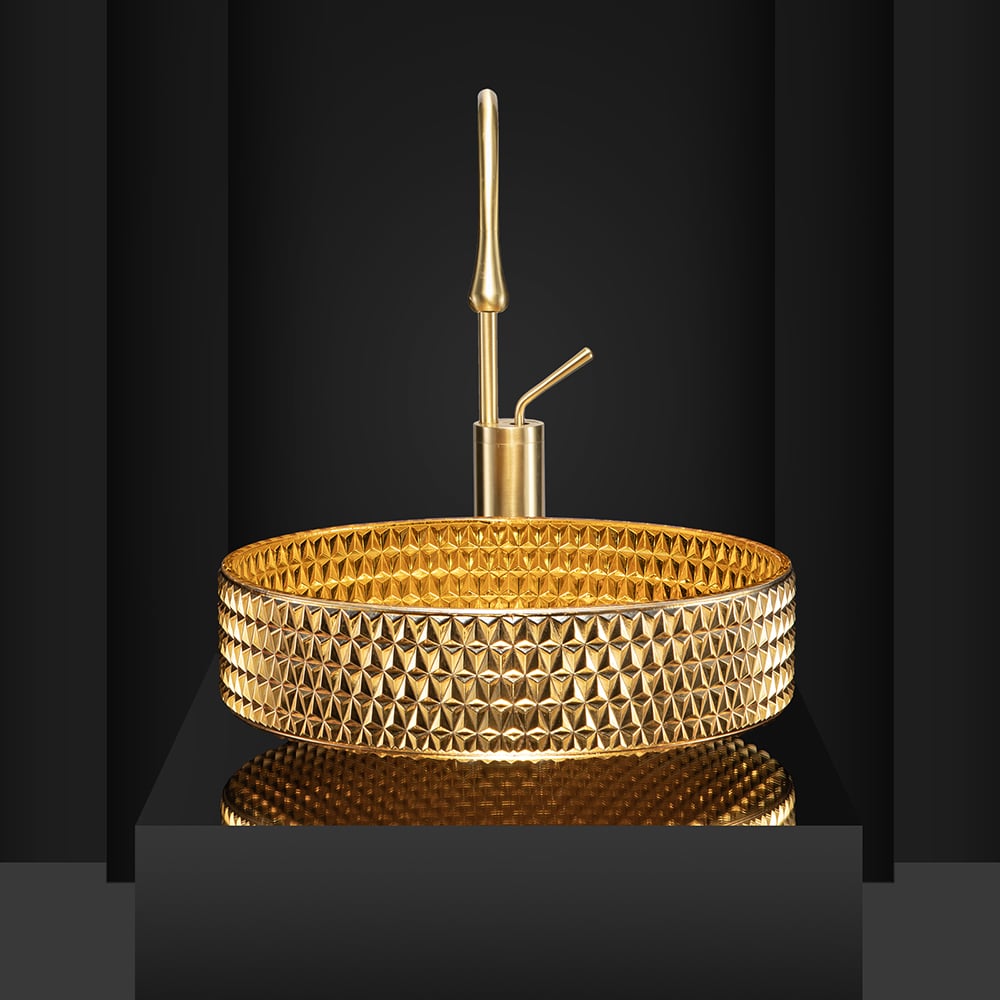 390mm Modern Luxury Diamond Shaped Crystal Glass Bathroom Countertop Basin in Gold -