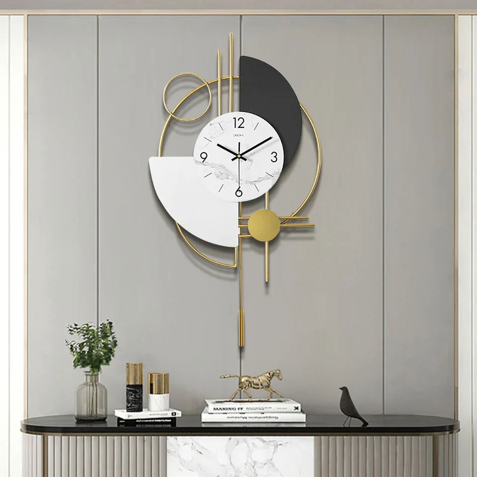 3D Mute Metal Wall Clock with Gold Pendulum Modern Round Decor Art Liv ...