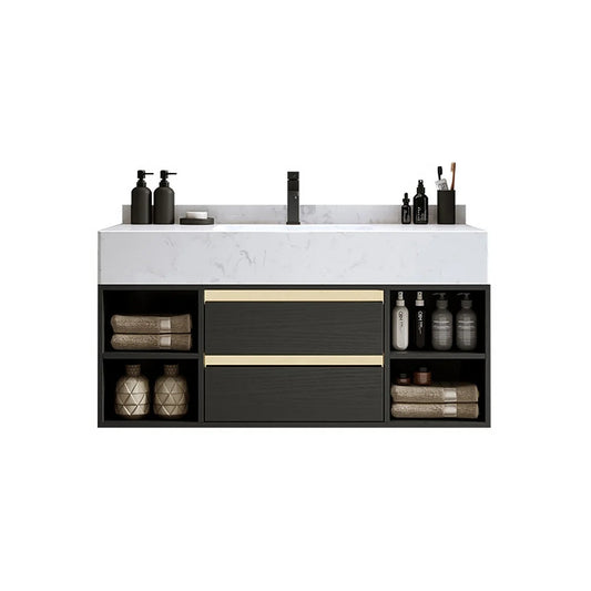 40" Floating Bathroom Vanity Set with Ceramic Sink 2 Drawers & Open Shelves in Black - Homary