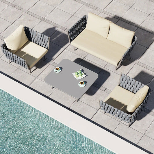 4 Pieces Outdoor Sectional Sofa Set with Webbing Seats and Cushions in Beige & Grey -