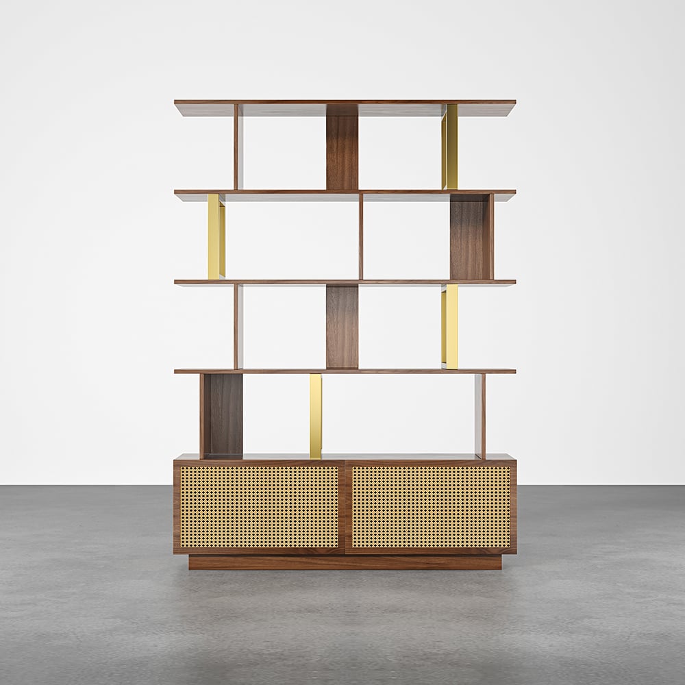 5-Tier Walnut Wood Bookshelf with 2 Doors Modern Bookcase in Gold Finish -