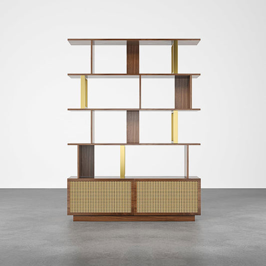 5-Tier Walnut Wood Bookshelf with 2 Doors Modern Bookcase in Gold Finish - Homary