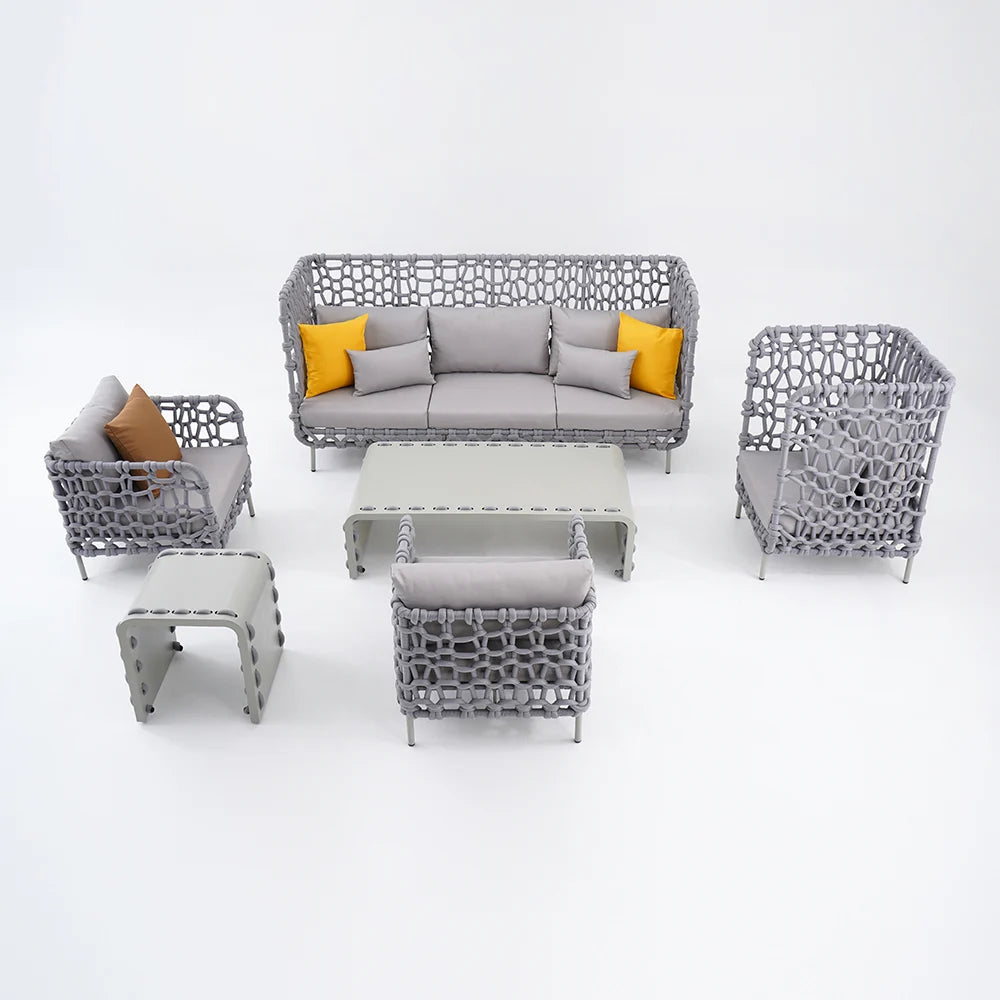 6 Pieces Aluminum & Rope Outdoor Sofa Set with Coffee Table and Cushion Pillow in Gray -
