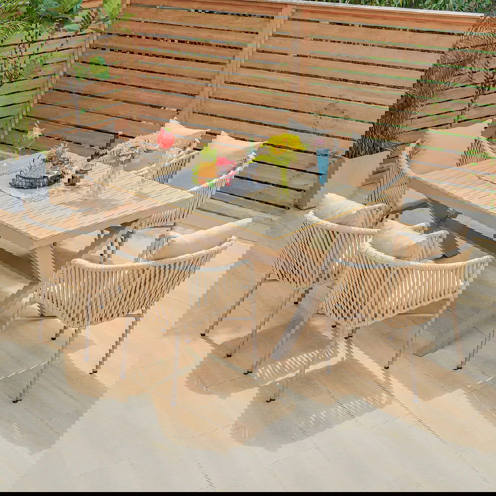 7 Pieces Outdoor Dining Set with Rectangle Table and Woven Rattan Armchair in Natural -