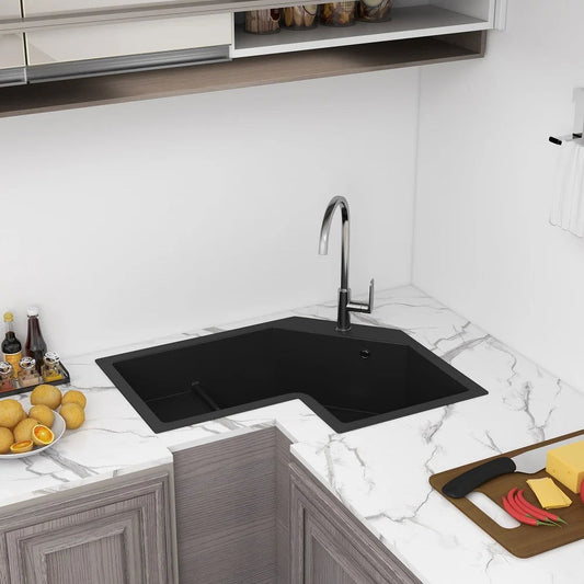 800mm Modern Black Drop In Corner Kitchen Sink Single Bowl Quartz Irregular Right Sink -
