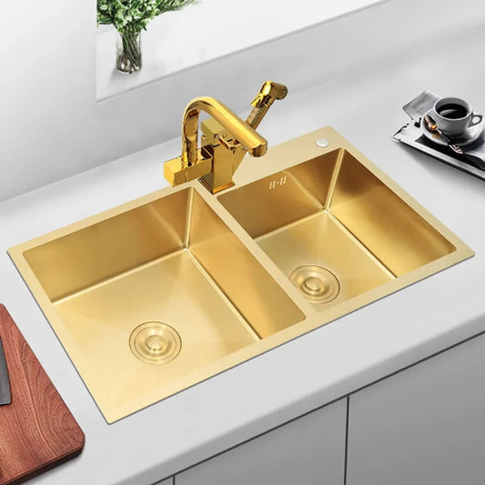 820mm Gold Stainless Steel Kitchen Sink Double Bowls Drop-In Sink with Waste -