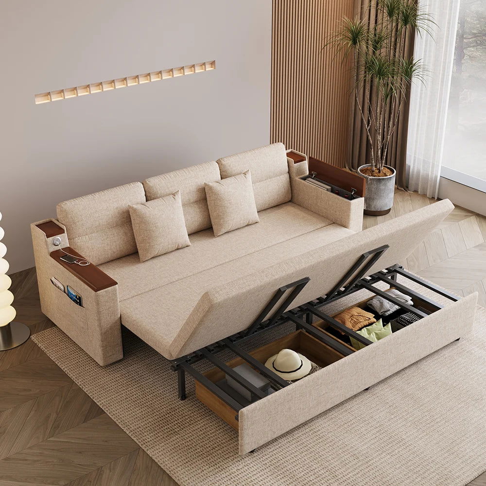 83" Linen Convertible Sofa Bed Beige Full Sleeper Sofa with Storage an ...
