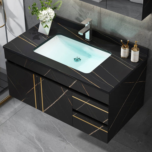 900mm Modern Floating Bathroom Vanity Faux Marble Single Ceramic Sink Black -