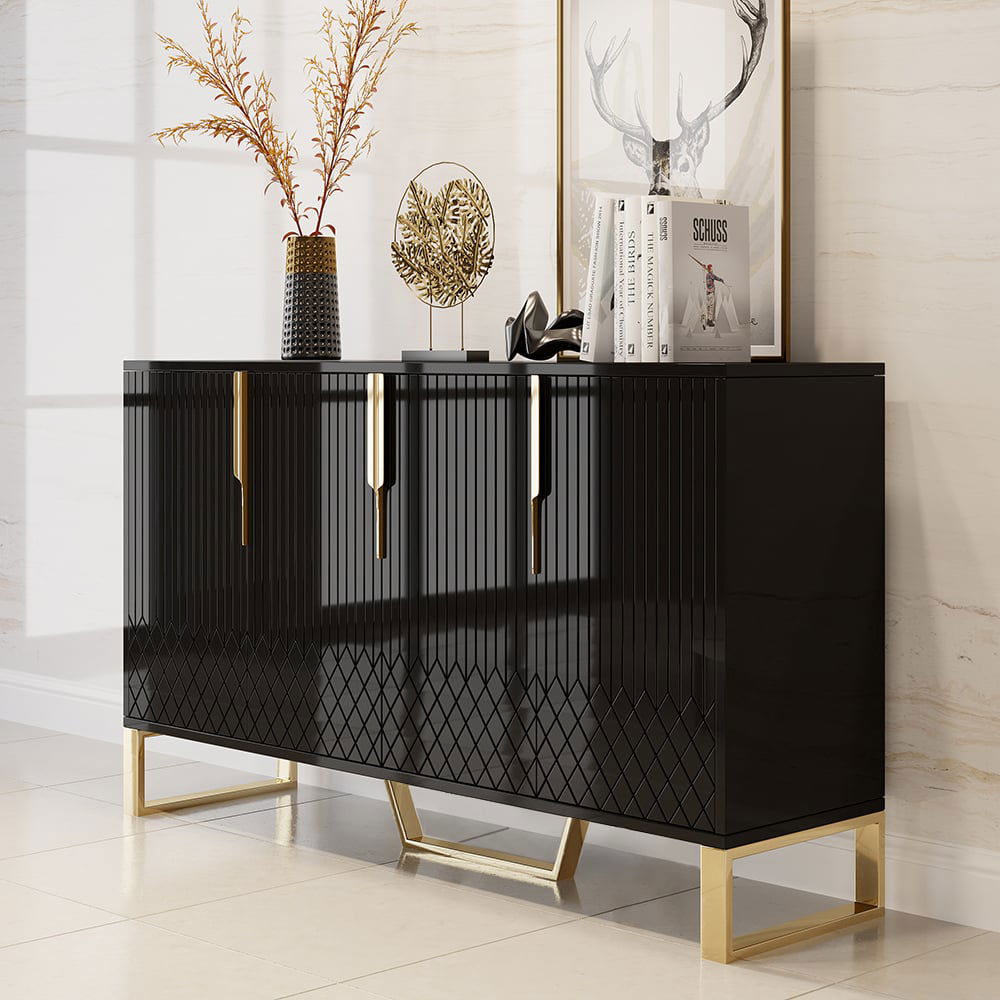 Aro Modern Black Wood Sideboard Cabinet 4 Doors for Kitchen Storage 15 ...