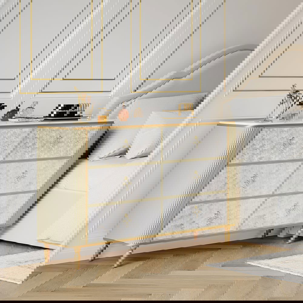 Art Deco 6 Drawer Dresser Capiz Shell Beige Chest Storag Cabinet with Sintered Stone Top - Homary