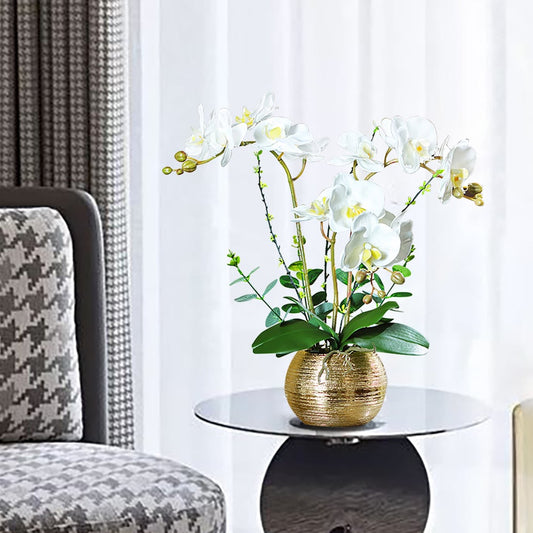 Artificial Flower Realistic White Orchids in Vase Set Gold Brushed Ceramic Flower Pots -