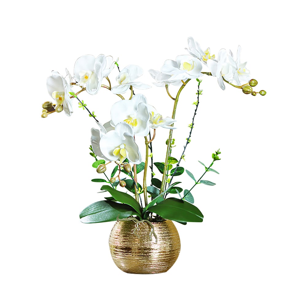 Artificial Flower Realistic White Orchids in Vase Set Gold Brushed Ceramic Flower Pots -
