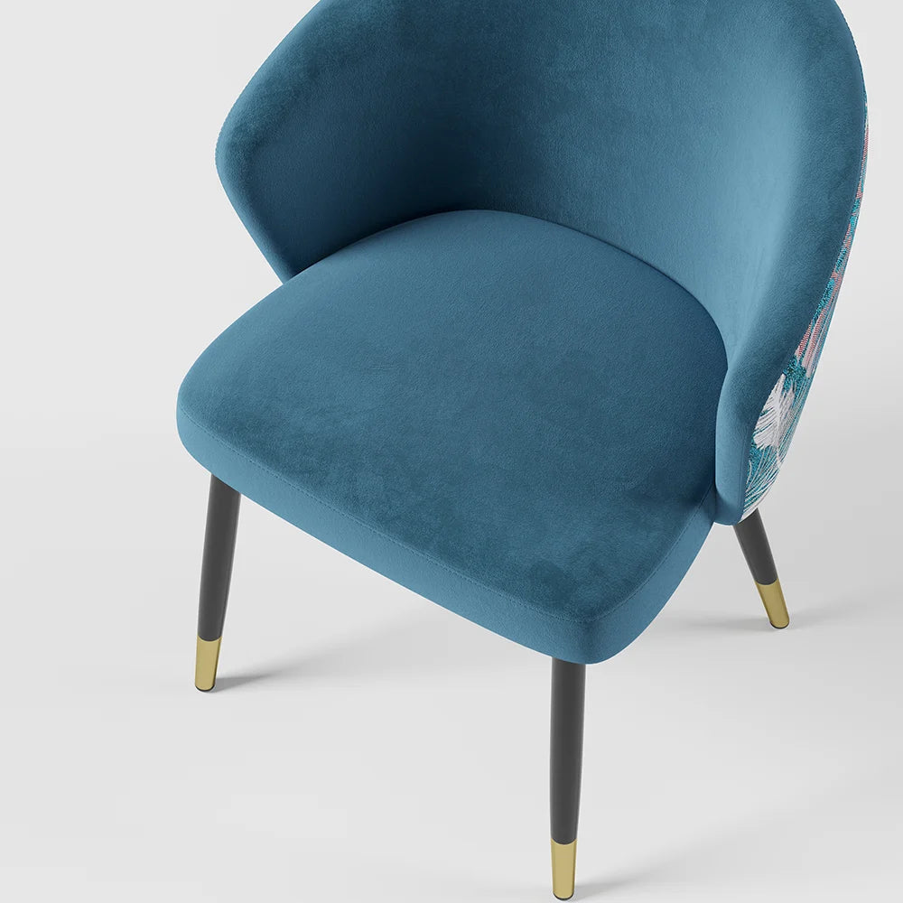 Blue Upholstered Velvet Dining Chair Curved Back Modern Arm Chair -