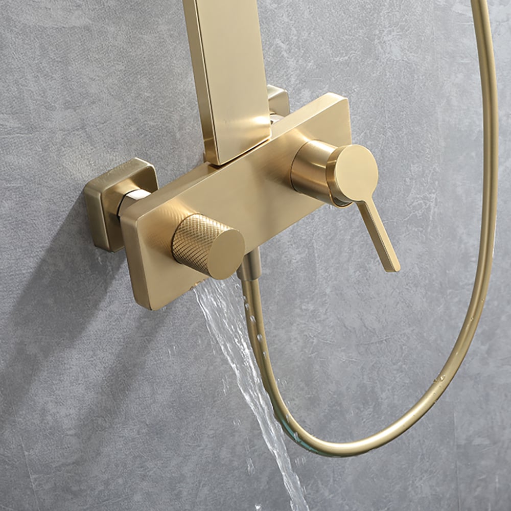 Exposed Brushed Gold Wall-Mount Rain Shower Set with Hand Shower -