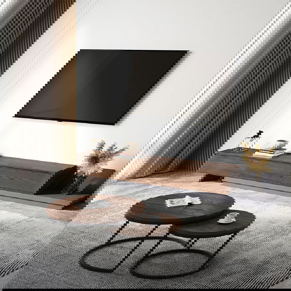 Fero Minimalist Retracted & Extendable 3 Drawers TV Stand & Round Nesting Coffee Table - Homary