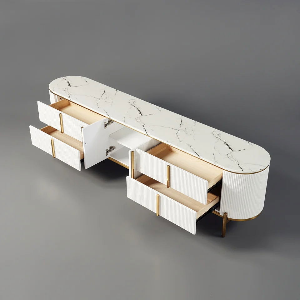 Gline Modern Oval TV Stand White Marble Top with Drawers & Storage for 2159mm TV -