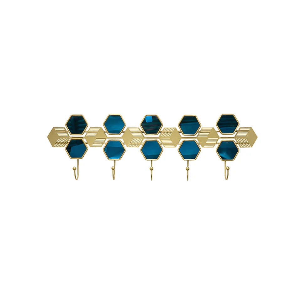 Gold & Blue Luxury Entryway Wall Mounted 5-Hook Coat Rack -