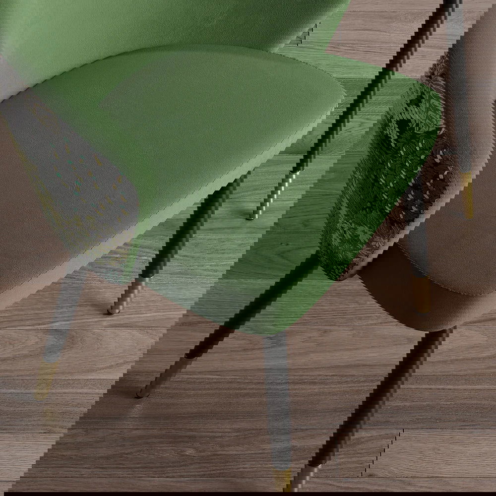 Green Upholstered Velvet Dining Chair Modern Arm Chair in Gold & Black -