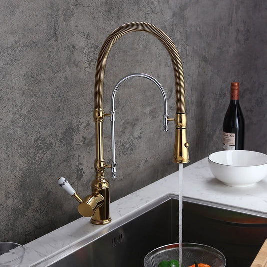 High Arc Dual-Mode Pull-Down Kitchen Faucet Solid Brass with Porcelain Handle -