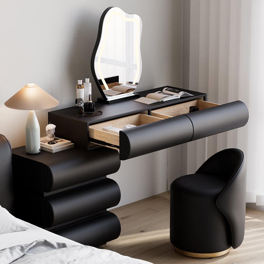 Humply Modern Black Makeup Vanity Set PU Leather Dressing Table with Stool  & LED Mirror