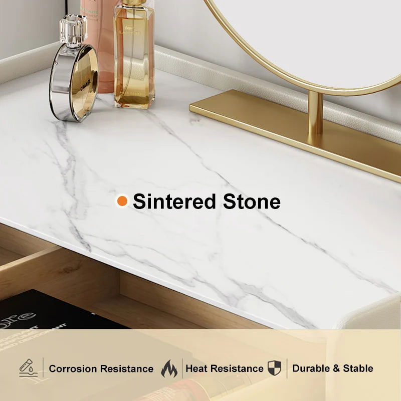 Inarrow Modern Off-white Makeup Vanity Table with Mirror & Side Table -