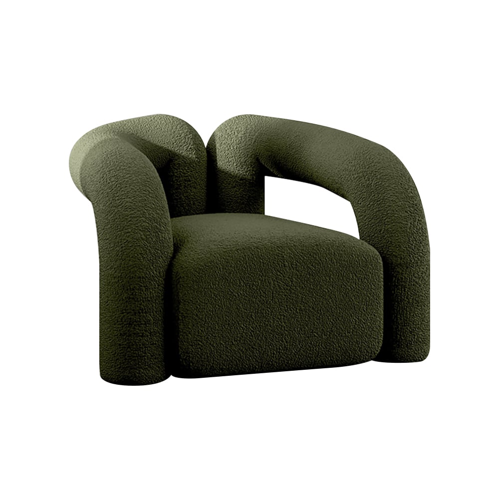 Japandi Dark Green Boucle Accent Chair Shaggy Armchair for Living Room -