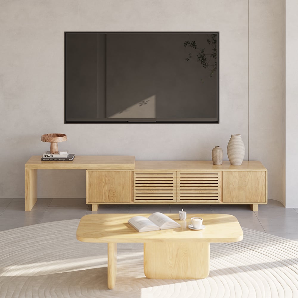 Japandi Natural Retracted & Extendable TV Stand with 4 Shelves Up to 2159mm - Homary