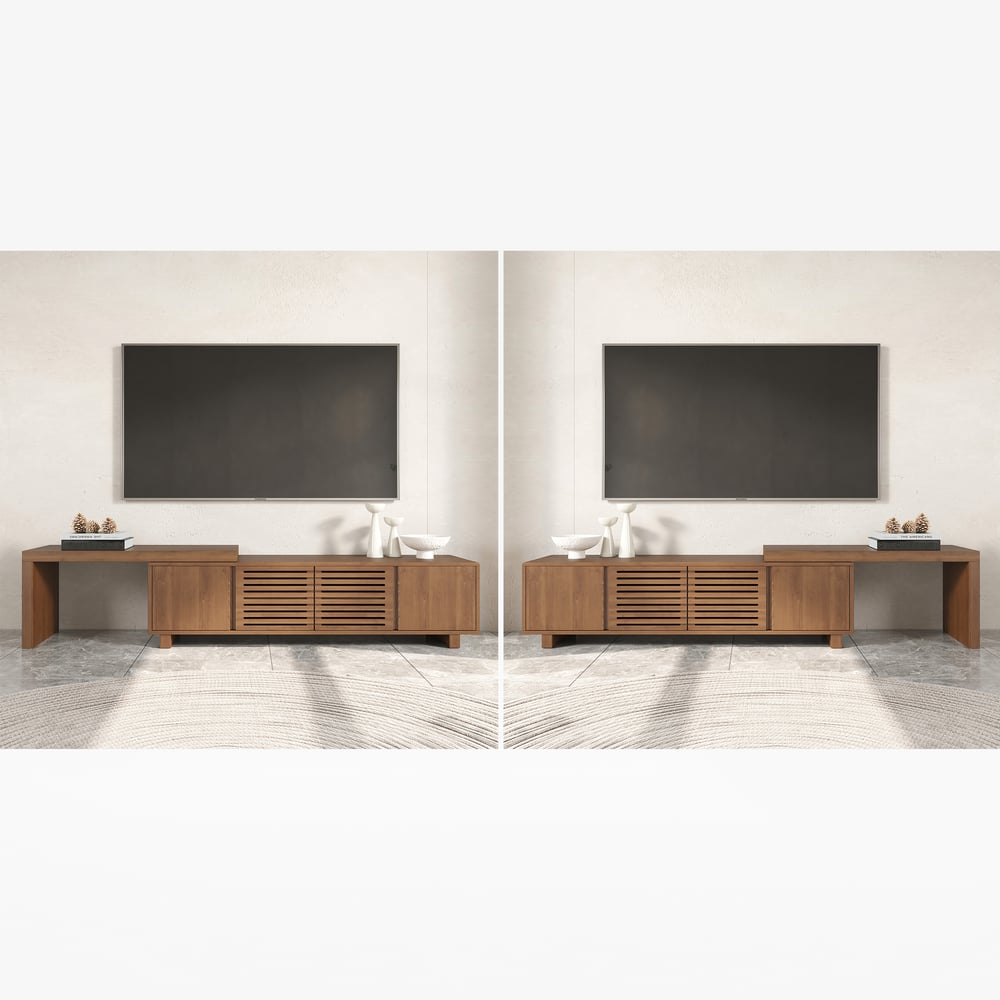 Japandi Walnut Retracted & Extendable TV Stand with 4 Shelves Up to 2159mm -