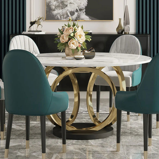 Modern 1350mm Round White Dining Table for 6 Person Faux Marble Top Gold&Black Pedestal -