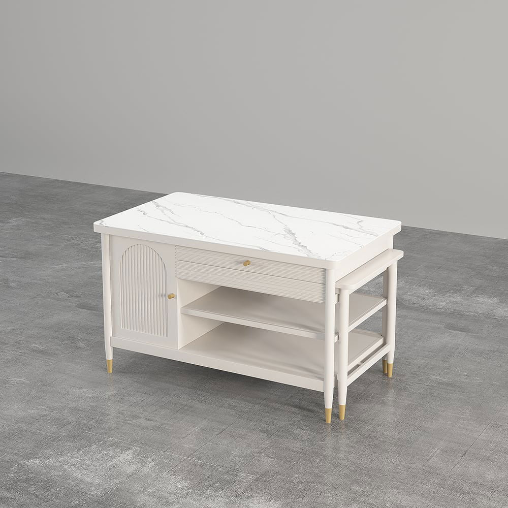 Modern 1525mm Extendable White Kitchen Island with Storage Faux Marble Kitchen Cabinet -