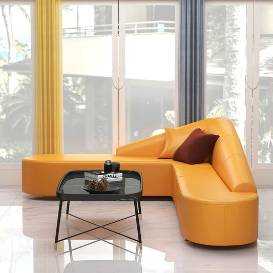 Modern 6-Seater Orange L-Shaped Corner Sectional Sofa Faux Leather Upholstery - Homary