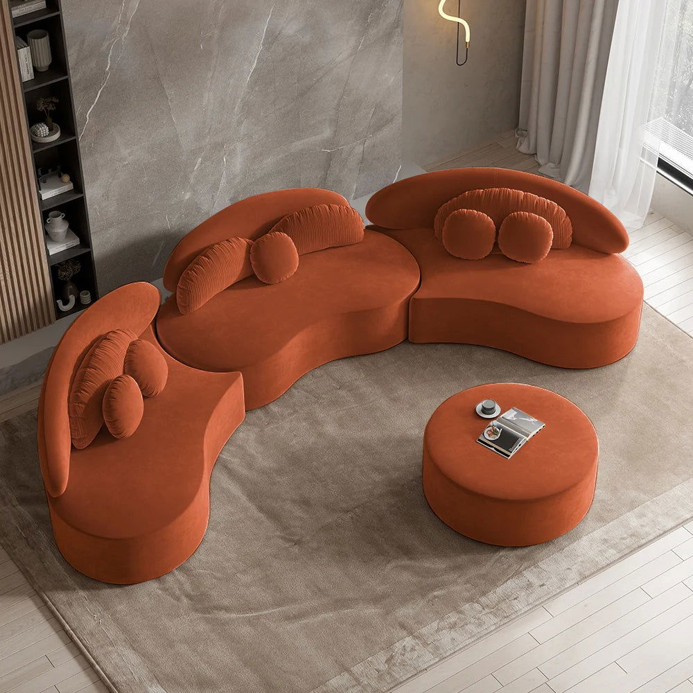 Modern 7-Seat Sofa Curved Sectional Modular Orange Velvet Upholstered with Ottoman - Homary
